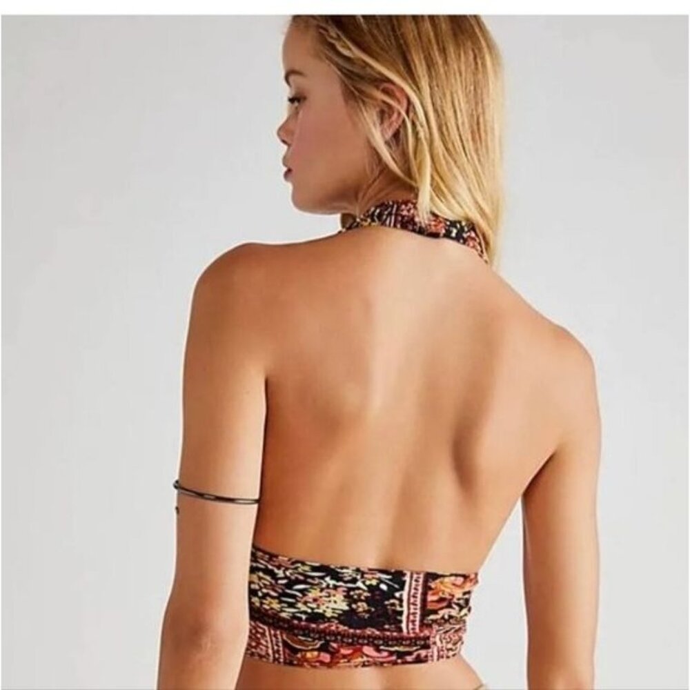 Free People Heather Print Bronze Combo Boho Halter Top Plunging Neckline LG NWT - Picture 6 of 11